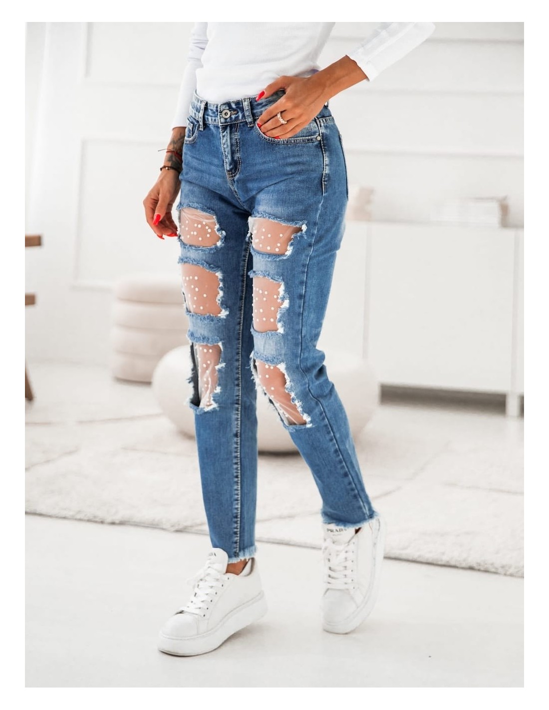 Denim pants with holes and beads 6211 - Online store - Boutique